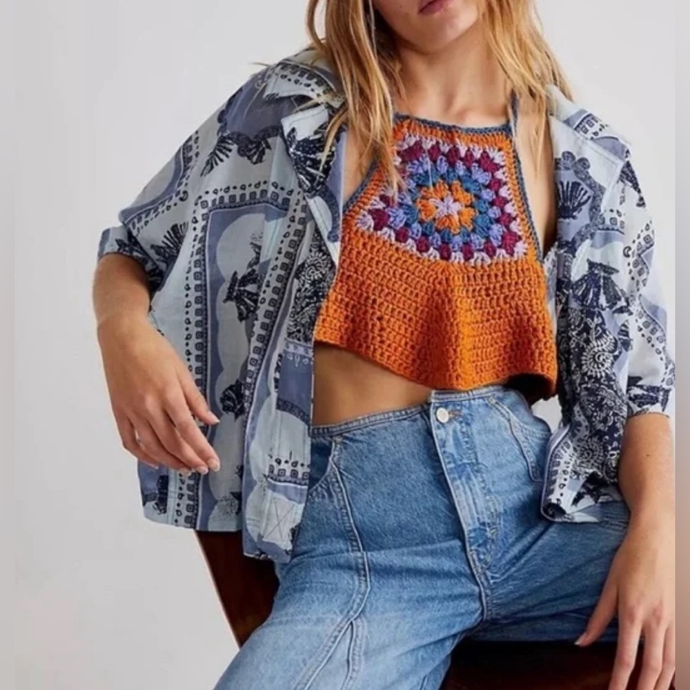 Free People Bella Crochet Cropped Halter Top Shirt Boho Size XL New w tag $148